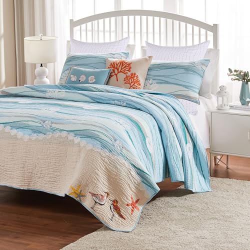 Greenland Home Maui Embroidered Coastal Quilt Set with Decorative Pillows and E…