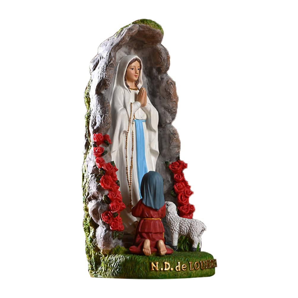 Housoutil Home Decor Home Accessories Grotto Statue Figurine Lady of Lourdes Statue with and Lamb Figurine Tabletop Decor Catholic Religious Home Decor Home Accessories
