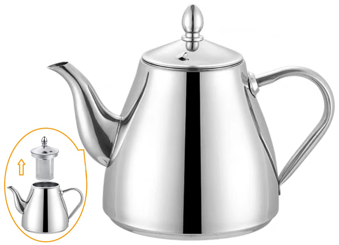 SANQINHOME Stainless Steel Teapot with Infuser 70oz(2.0 litres) 6-8 Cups,Good Pour Silver Tea Pot with Strainer Filter to Brew Loose Leaf Tea Bag