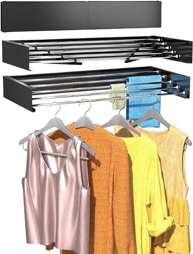 Hcosmy Collapsible Clothes Drying Rack, Wall Mounted Laundry Hanger, Retractable Dryer Rack (Black, 40 in)