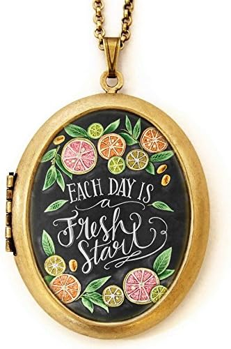 Dearest Mine Women's Brass Plated Chalkboard Each Day Is A Fresh Start Inspirational Quote Deluxe Art Locket Necklace 28 Inches