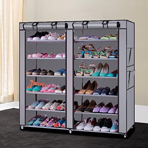 Portable Double Rows 12 Grid Shoe Rack Shelf Storage Closetwith Dustproof Cover Organizer Cabinet (Grey)