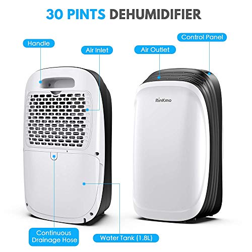 RINKMO 30 Pint Dehumidifier for Home Basements Bedroom Garage, Safe Mid Size Portable Dehumidifiers for Medium Spaces up to 1050 Sq Ft with Continuous Drain Hose Outlet to Reduce Moisture - Thumbnail 3