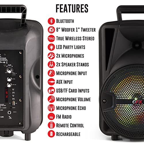 QFX PBX800TWS 8Inch TWS Bluetooth Stereo PA System with 2 8" Speakers