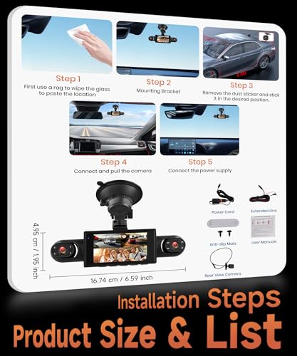 Rimoody 4 Channel Car Dashcam 360°, 4 HD 1080P Front and Rear Left Right Camera, 3 Inch IPS Screen Dash Cam with 8 IR Night Vision/Loop Video/24H Parking Monitor