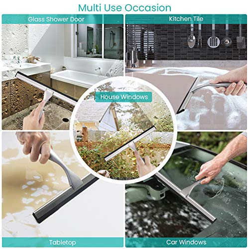 TopCharm Stainless Steel Shower Squeegee for Shower Doors, All Purpose Shower Squeegee 10 Inch for Mirror Car Glass Window Bathroom Squeegee for Shower with Hook and 6.8Inch Longer Handle
