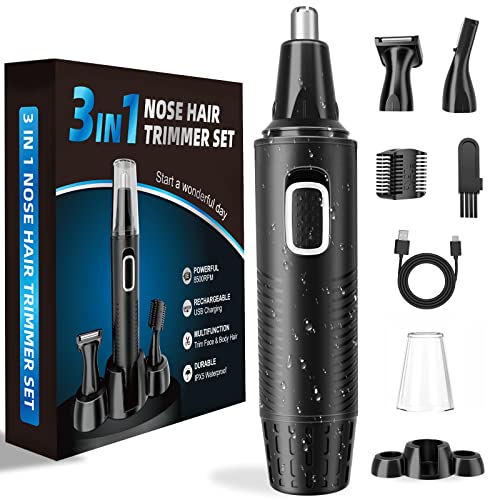 Nose Hair Trimmer, USB Rechargeable Nose Hair Trimmer, 3-in-1 Set, Ear Hair Trimmer with Double Cutting Blades, Professional Painless Eyebrows and Face Hair Trimmer for Men and Women