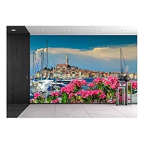 Wonderful Romantic Old Town of Rovinj with Beautiful Pink Oleander Flowers,Istrian Peninsula,Croatia,Europe - Removable Wall Mural | Self-Adhesive Large Wallpaper - 66x96 inches