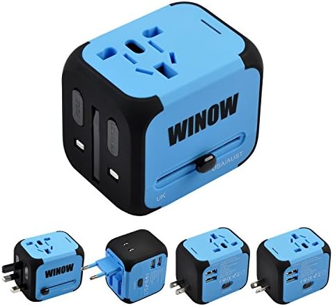 WINOW International Travel Plug Adapter, Worldwide Power AC Wall Charger with Dual USB &amp; USA, UK, AU, EU - Great for iPhone / iPad / Laptops / Samsung / Smartphone,Spare Safty Fuse+Zipper Case (Blue)