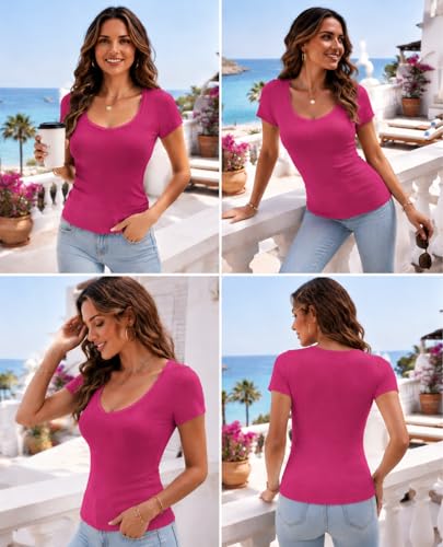 Short Sleeve T-Shirt Women Summer Square Neck T Shirt Knit Ribbed Fitted Top Elegant Cotton Elegant Solid Lightweight Casual