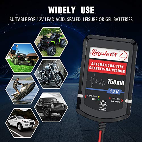LEICESTERCN Automatic Trickle Battery Charger Maintainer 12V 750mA Smart Float Charger for Car Motorcycle Lawn Mower Tractor Boat SlA ATV WET AGM GEL Cell Lead Acid Batteries