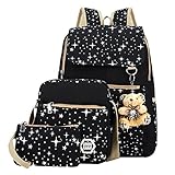 ABage Girls' Canvas Backpack Set 3 Pieces Patterned Bookbag Laptop School Backpack, Black