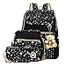 ABage Girls' Canvas Backpack Set 3 Pieces Patterned Bookbag Laptop School Backpack, Black