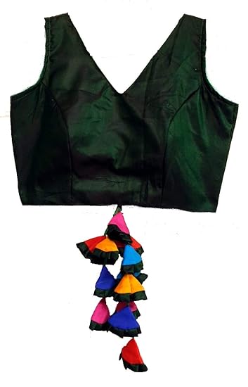 Women's Bottle Green Colour V Shape Neck Design Multi Latkan Plain Satin Readymade Blouse For Saree And Lehenga (Size 38+ margin) (attach sleeves)