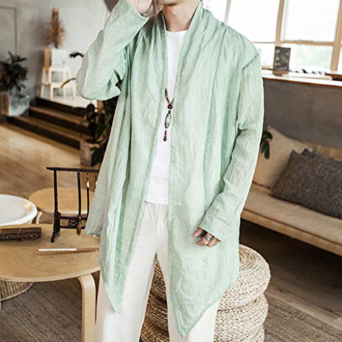 Linen Shirts for Men Kimono Big and Tall Cardigan Long Sleeve Loose Retro Lightweight Tops Blouse (XL, Green)