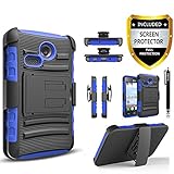 LG Sunrise Case, LG Lucky Case, LG L15G, LG L16C Combo Rugged Shell Cover Holster with Built-in Kickstand and Holster Locking Belt Clip Blue + Circle(TM) Stylus Touch Screen Pen And Screen Protector