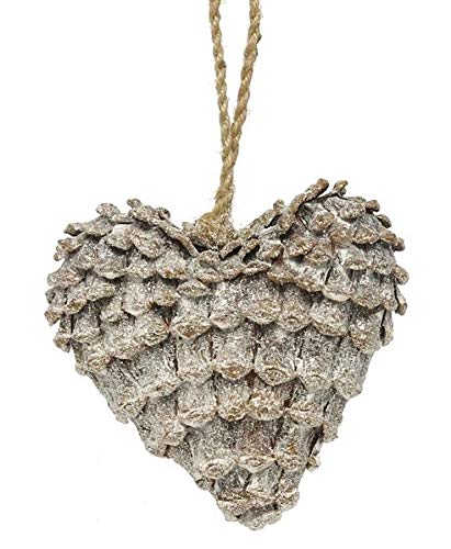 Pinecone Ornament for Christmas Tree, Real Pinecone Heart Ornament with Iridescent Glitter and Snow Accents