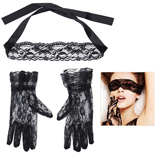 LUOEM 3pcs Lace Eye Mask Blindfold and Black Lace Gloves Fancy Role Play Costume Nightclub Mask for Women Cosplay Party Accessories