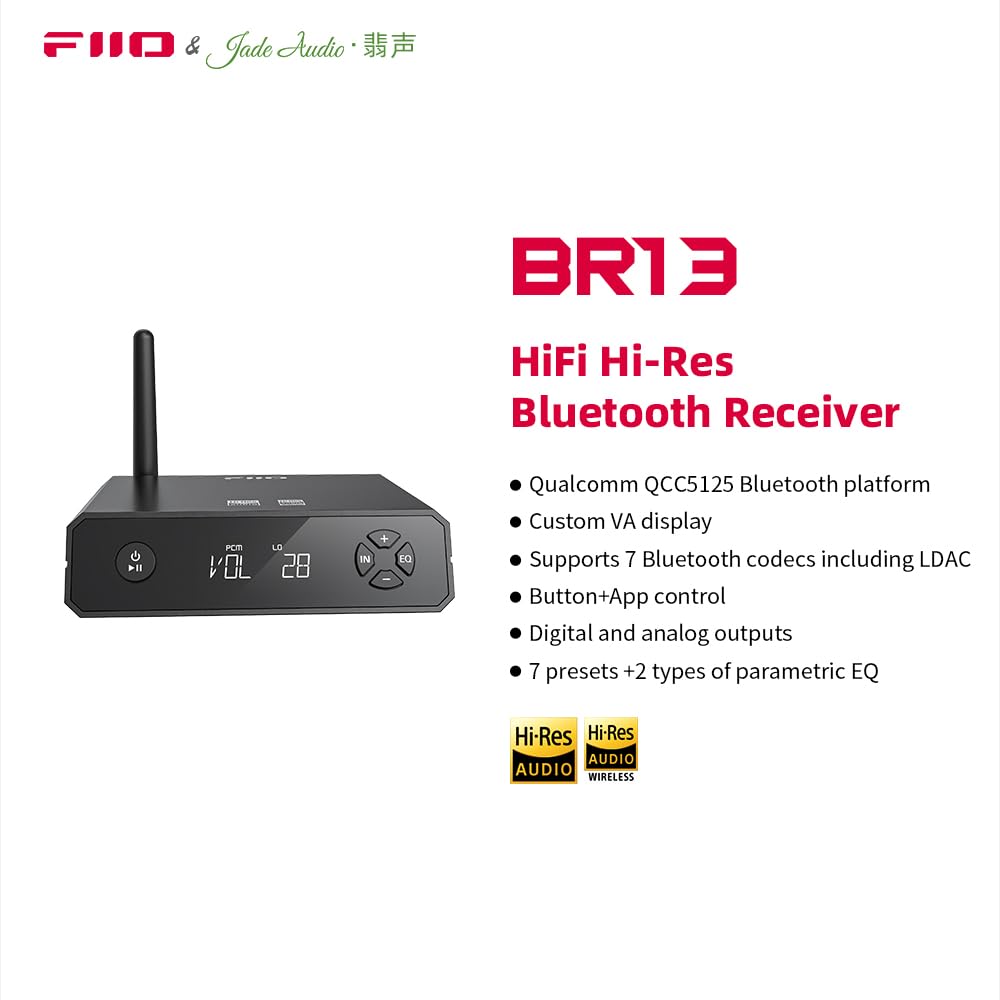 FiiO BR13 HiFi Bluetooth 5.1 Music Receiver Long Range Bluetooth Adapter with USB DAC, LDAC/aptX Low Latency, OLED Display & RCA Optical Coaxial Output for Home Stereo,PC/TV