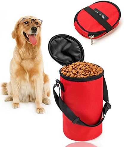 Pet Food Storage Bag, Hkim Foldable Oxford Collapsible Plaid Color Feedbag Travel Haversack for Dogs and Cats (Red)