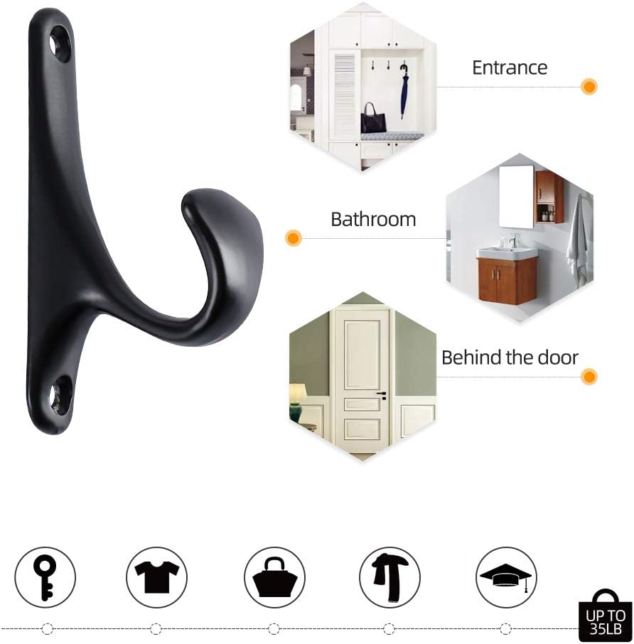 4 Pack Vintage Bath Towel Hooks Black, Tin Alloy Clothes Hooks for Hanging Coat and Robe, Industrial Heavy Duty Wall Mounted Hook with All Mounting Hardware for Farmhouse Retro DIY Projects - - 