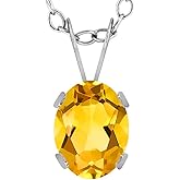 Gem Stone King 14K White Gold Yellow Citrine Solitaire Pendant Necklace For Women | 1.25 Cttw | Gemstone November Birthstone | Oval 8X6MM | With 18 Inch Chain