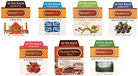 Market Spice Unsweetened Tea Sampler Set, Variety tea pack of 70 Tea Bags, Assortment of 10 Each Cinnamon Orange, Emperor’s Green, Raspberry, Chai, Huckleberry, Earl Grey, Northwest Breakfast