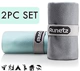 Runetz - 2pc MICROFIBER TOWELS - Super Absorbent & Quick Drying (Sport, Gym, Camp, Car Care, Travel) - 2pc Large & Small Size - Teal-Gray