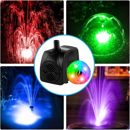 NATPOW Submersible Water Pump, 800L/H Mini Fountain Pump with RGB LED Lights Ultra-Quiet, 3M Cable Pond Pump with 4 Nozzles for Water Feature, Aquarium Fish Tank, Outdoor Fountain