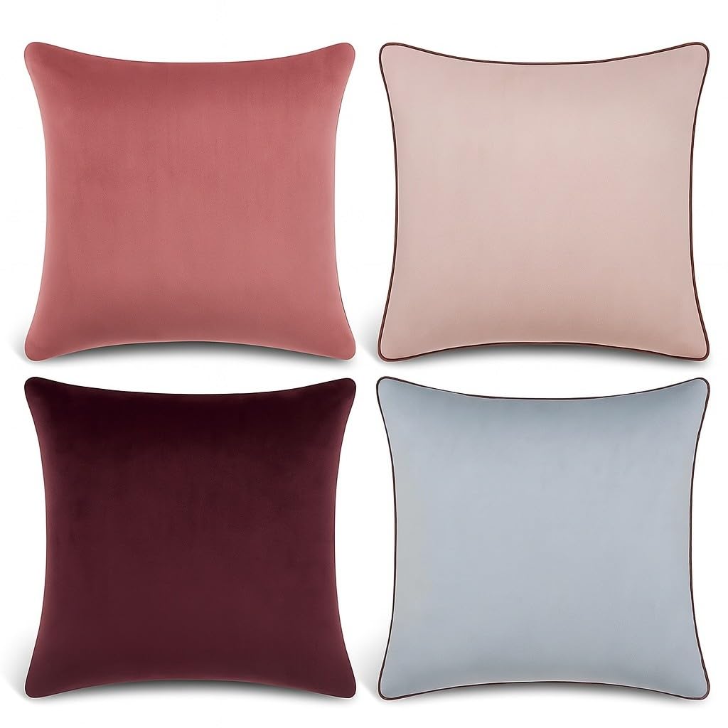 Blau Marité Decorative Velvet Throw Pillow Covers with Trim. Soft Velvet Decorative Pillow Cases. Velvet Cushion Covers. Contrast Pipping.(Aubergine, Pink and Grey, 18"x18", 4 Units) — image 1
