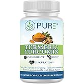 PURE® Turmeric Curcumin 750mg with BioPerine® - 180 Capsules, 6 Month Supply - High Absorption Joint Support & Anti-Inflammatory Supplement - 95% Curcuminoids Antioxidant Complex - Made in USA