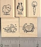 5 Tiny Rubber Stamps for Menu and Place Card Marking: includes Carrot, Chick, Fish, Cow, and Crab (Vegetarian, Chicken, Fish, Beef, and Seafood)
