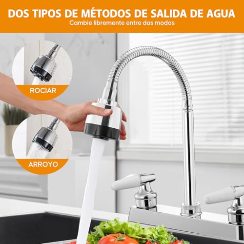 Mezcladora para Fregadero,Llaves para Fregadero de Cocina Flexible con Pulverizador de Modo Dual,Grifos para Cocina con 2 Asas para RV,Mezcladora para Cocina de Acero Inoxidable