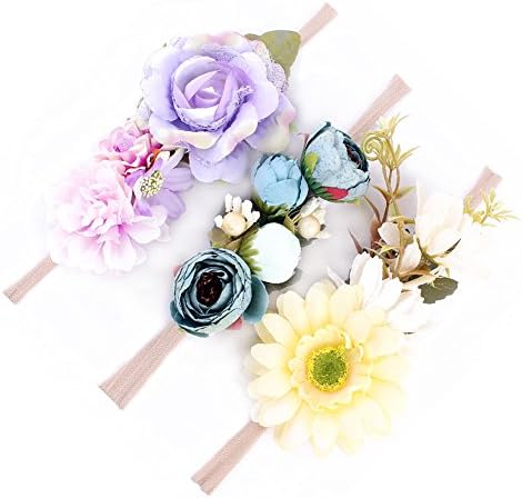 Flower Baby and Newborn Girls Headband Floral Crown Photo Props - Soft Elastic Design Set of 3 (B)