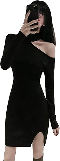Amazon Co Jp Aozuoニットワンピース レディース 黒 ボリュームスリープ リブニット 厚手 セクシー Aラインワンピース 綿 韓国風セーター 秋 冬 フェミニン ブラック 服 ファッション小物
