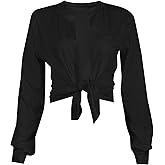 LovelyWholesale Women Tie Front Tops Sexy Cropped Long Sleeve Deep V Neck Shirt Clubwear