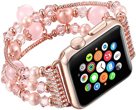 Mostata Strap for Apple Watch 42mm, Fashion Handmade Elastic Stretch Faux Pear IWatch Strap Replacement Women Girls for Apple Watch Series 3 Series 2 Series 1 All Version (Pink-42mm)