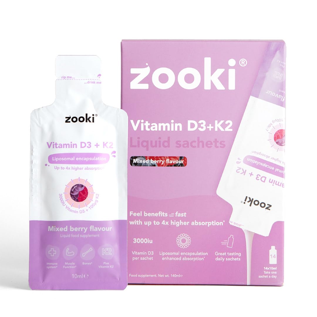 Zooki Liposomal Vitamin D3 + K2 3000IU Liquid Sachets, High Strength Vitamin D Supplements, Immune, Bone & Muscle Support, Vegan D3 and K2 Vitamin (Mixed Berry Flavour, 14 Servings)