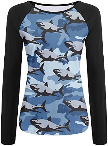 Womens Blue Camo Shark Impact Color Leisure Long Sleeves T-Shirt Tee