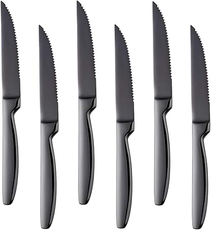 Bisda Stainless Steel Serrated Steak Knives Set Of 6 Black Coloured Dinner Knives Table Knifes Thick Cutlery Knives For Cutting Steak Meat Dishwasher Safe 8 66 Inches 22cm Amazon Co Uk Kitchen Home