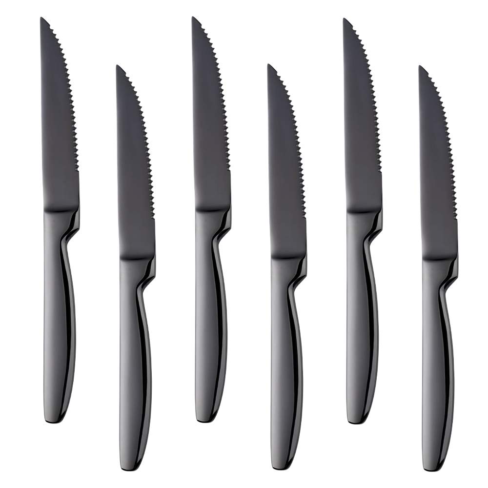 BISDARUN Stainless Steel Serrated Steak Knives Set of 6, Black Coloured Dinner Knives Table Knifes Thick Cutlery Knives for Cutting Steak Meat 8.66 inches (22cm)