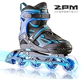 2PM SPORTS Vinal Boys Adjustable Flashing Inline Skates, All Wheels Light Up, Fun Illuminating Skates for Kids and Youths - Azure M