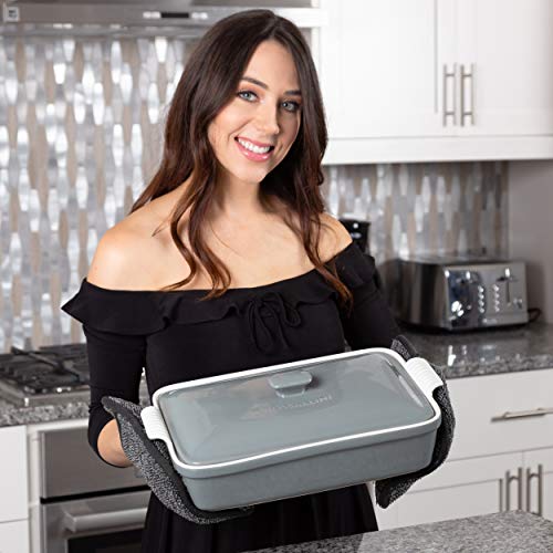 Rossallini Stoneware Casserole Dish Bakeware Set with Lid, Covered Rectangular Dinnerware, Large 4 Quart, 13 by 9 Inch, Grigio [Grey] - Thumbnail 3