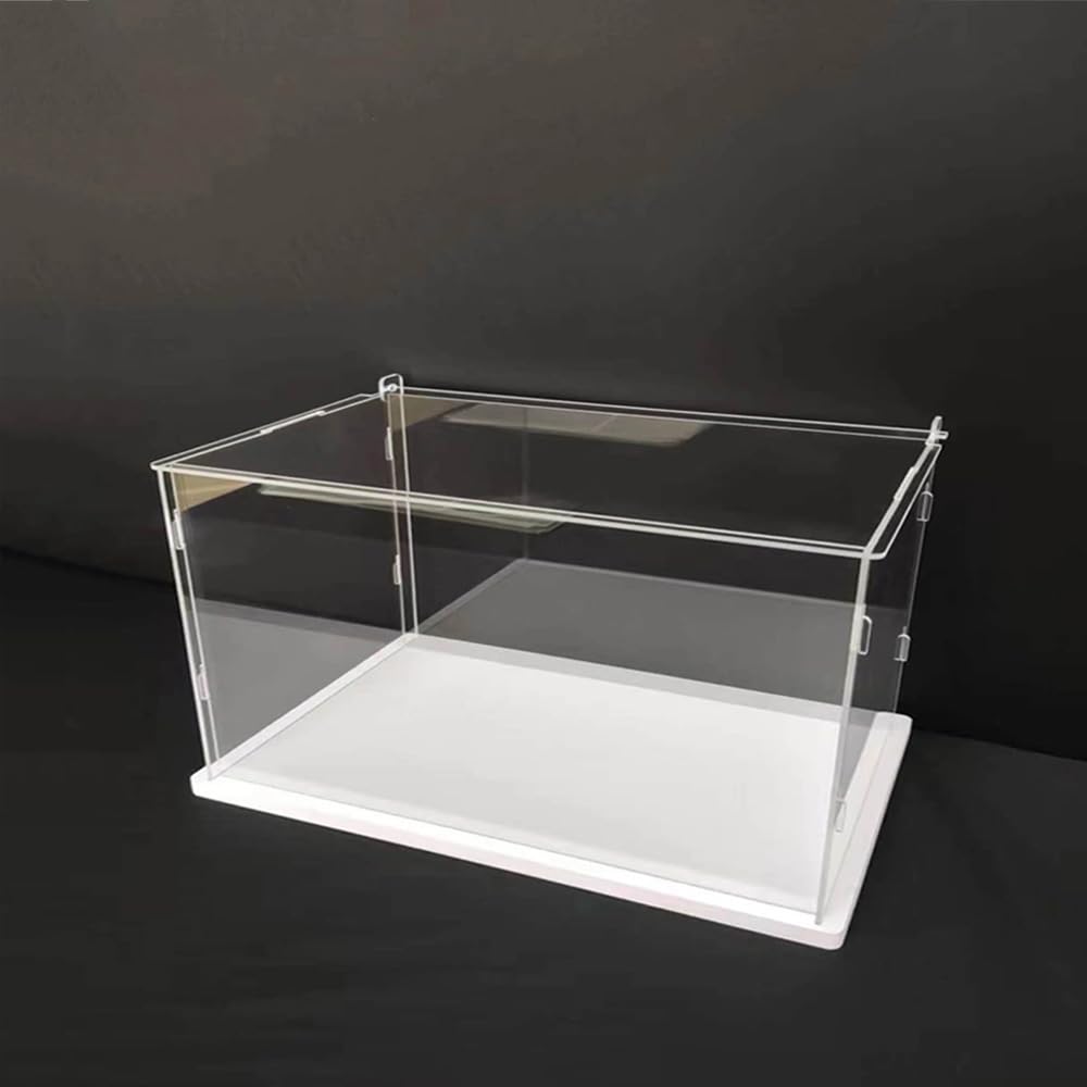 Photo 1 of Clear Acrylic Display Case, Self-Assembly Acrylic Box with White Thick Base and Upward Swing Door, Dustproof Protection Showcase Organizer for Collectibles Doll Toys Models (16.5X10X10cm/6.5X4X4inch)