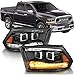 AmeriLite Black Dual Quad Projector Headlights Assembly Switchback LED Tube Parking Turn Signal for 2009-2018 Both Model Dodge Ram 1500 2500 3500 Pickup Truck - Passenger and Driver Side Set