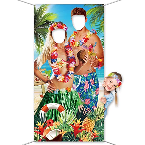 DPKOW Funny Hawaiian Photo Prop Banner, Fabric Luau Couple Face in Hole Game for Aloha Tiki Party Favors, Summer Tropical Photo Booth for BBQ Beach Pool, 175 * 90cm