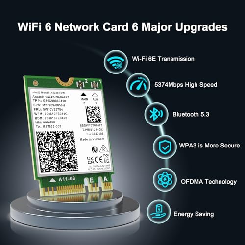 Placa sem fio WiFi 6E Intel AX210NGW, Bluetooth 5.3 Tri-Band 5400Mbps M.2/NGFF para PC Laptop AX210 placa de rede compatível com Windows 10/11 (64 bits)