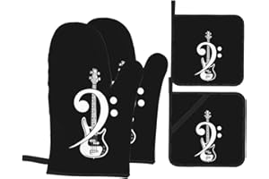 Vintage Bass Clef Bass Guitar Funny Guitar Player Gift Gifts Black 4Pcs Oven Mitts and Pot Holders Oven Glove with Kitchen Mi