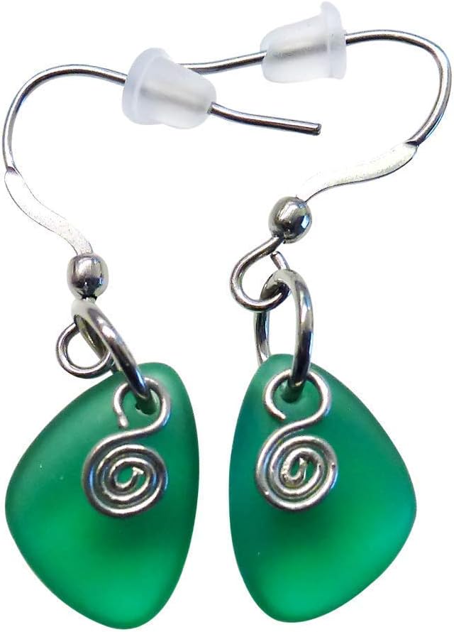 Green Sea Glass Earrings Small 0.5 Inches Nautical Ocean Coast Hawaiian Foam Beach Handmade Mermaid Tears Jewelry for Women and Girls Gift Under 20 Dollars