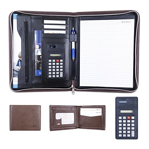 Careli Business Padfolio Portfolio with BONUS Wallet + Calculator + Writing Pad, Stylish Brown Faux Leather Resume Holder Organizer with Zippered Closure, Multiple Pockets, #1 Gift for Professionals